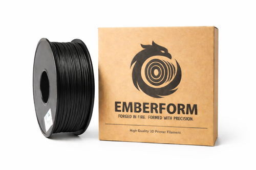 Spool of black PC+ 3D printer filament next to Emberform packaging on a white background