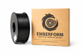 Spool of black TPU95 3D printer filament next to Emberform packaging on a white background