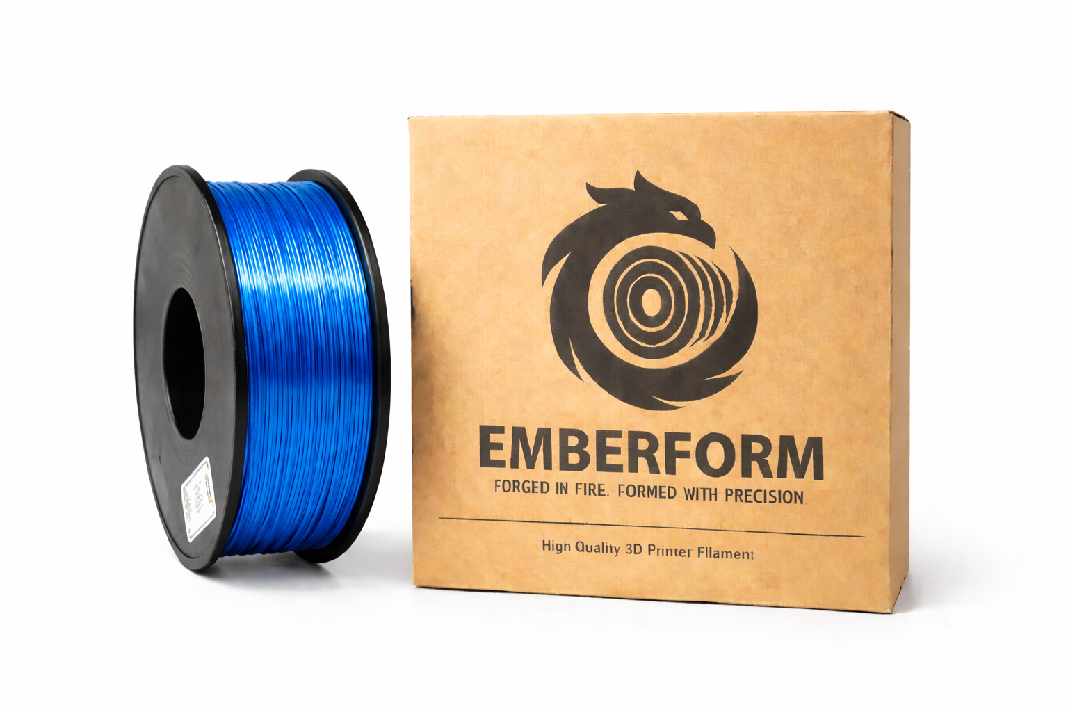 Blue Silk PLA 3D printer filament spool next to Emberform packaging on a white background