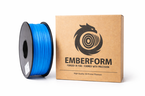 Spool of blue Matte PLA 3D printer filament next to Emberform packaging on a white background