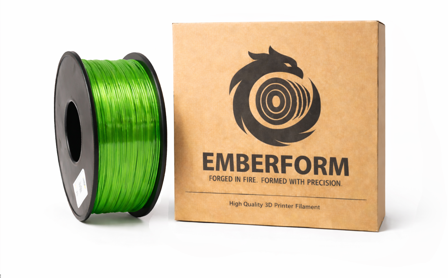 Green PETG Transparent 3D printer filament spool next to Emberform packaging on a white background