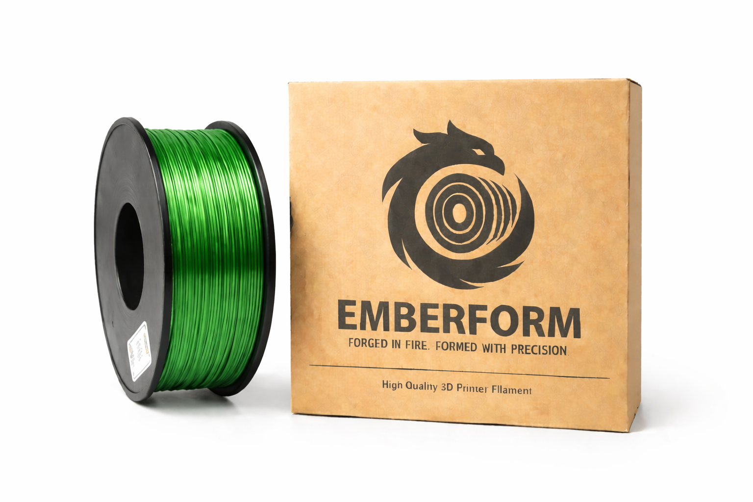 Green Silk PLA 3D printing filament spool next to Emberform packaging on a white background
