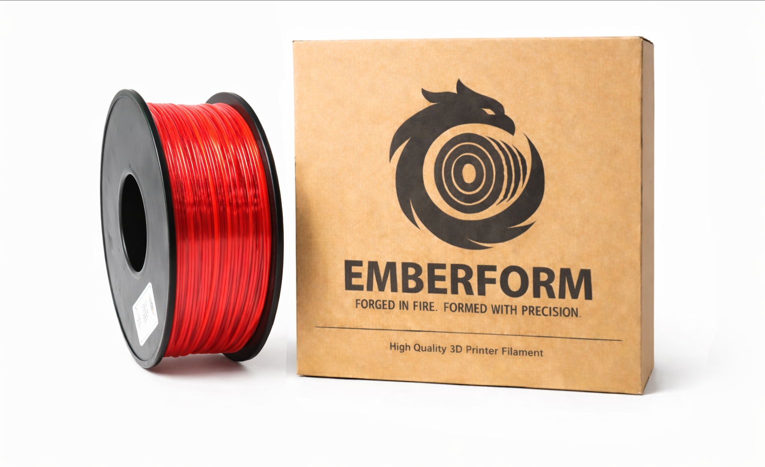 Red PETG Transparent 3D printer filament spool next to Emberform packaging on a white background