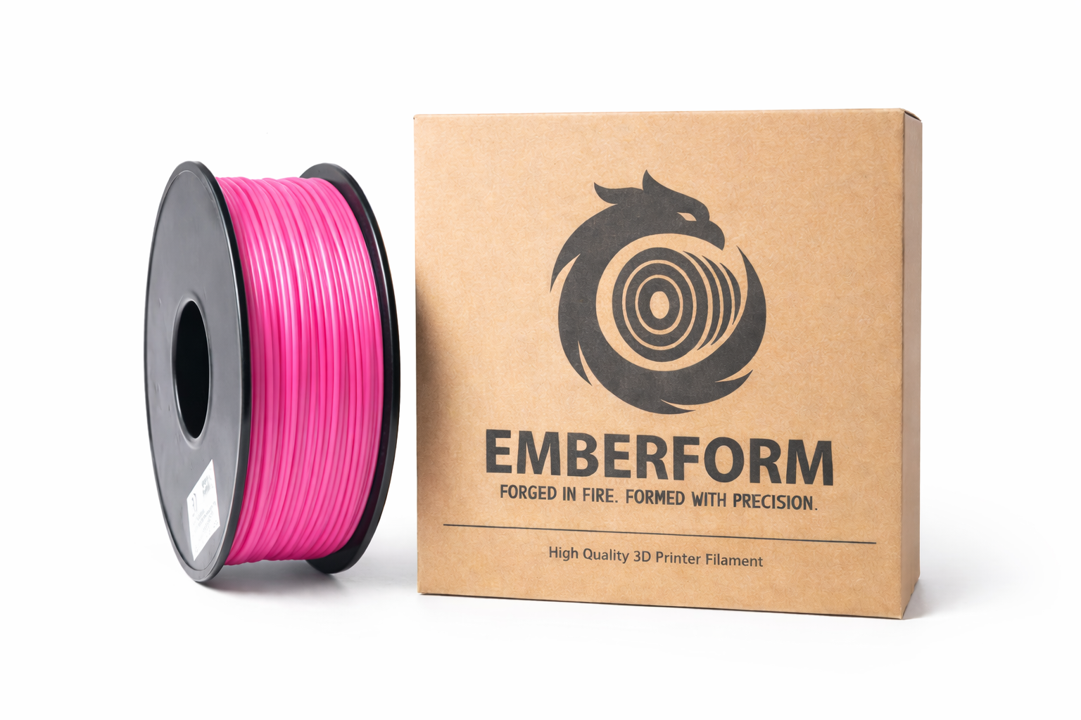 Spool of pink PLA 3D printer filament next to Emberform packaging on a white background 3D Printing Lebanon