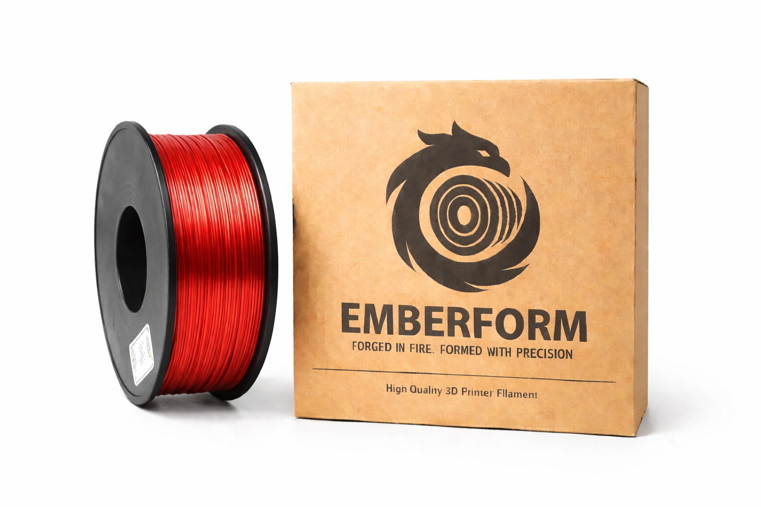 Red Silk PLA 3D printing filament spool next to Emberform packaging on a white background