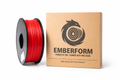 Red Matte PLA 3D printer filament spool next to Emberform packaging on a white background