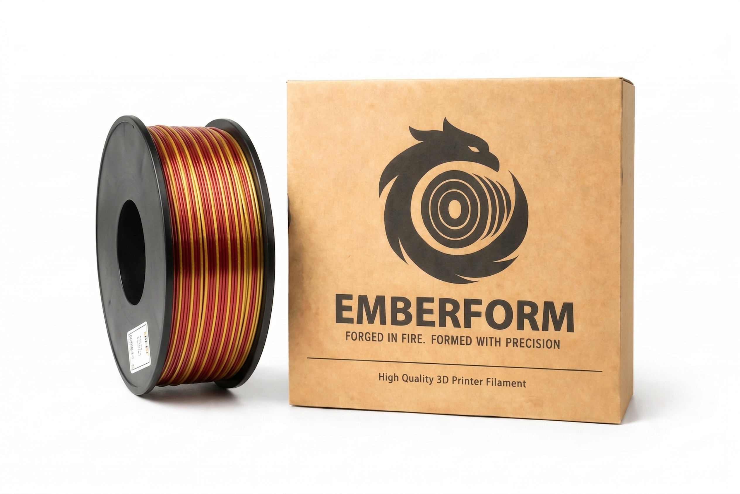 Spool of Silk PLA Red and Pink Emberform 3D printer filament next to its packaging on a white background