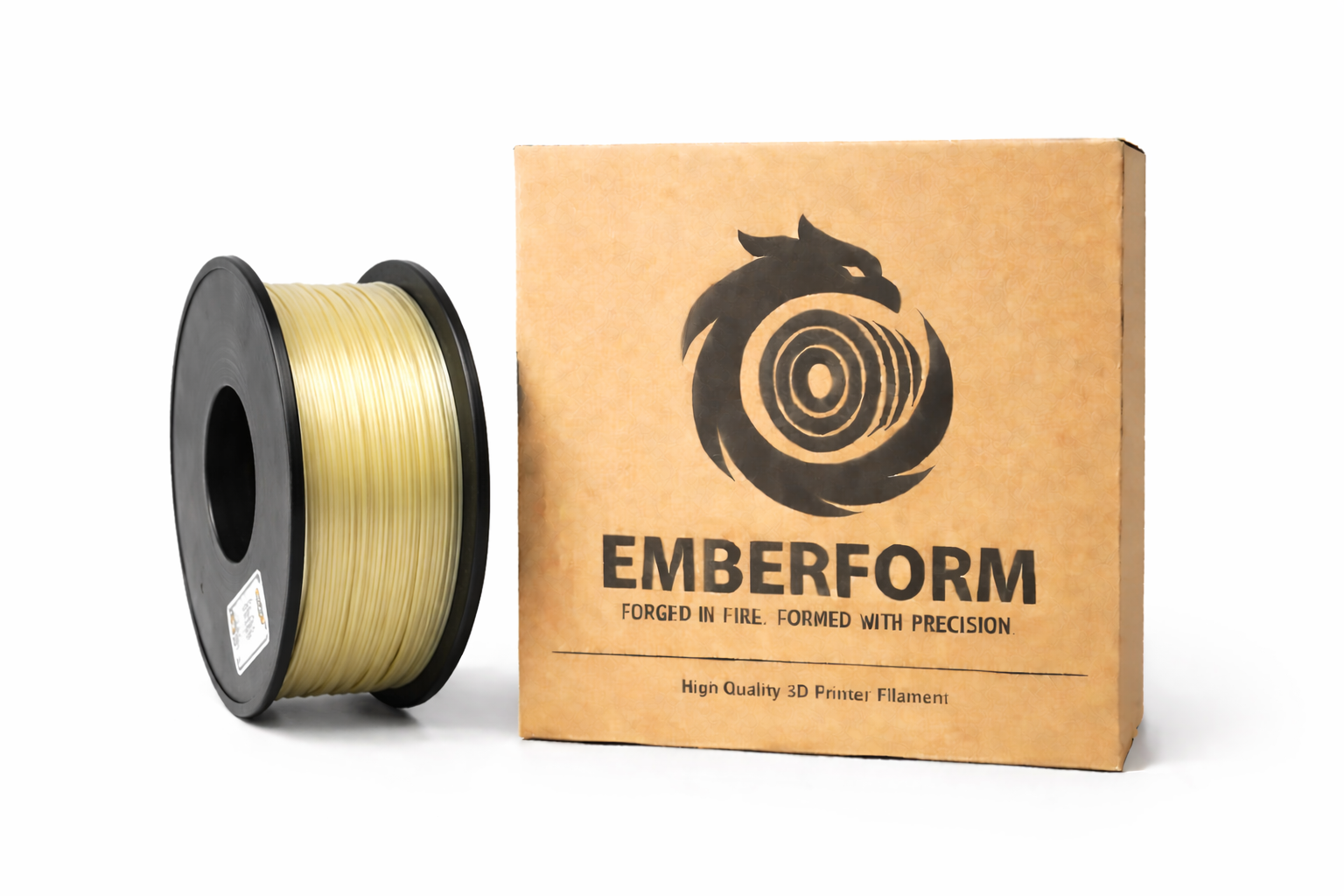 Spool of PVA 3D printing filament next to Emberform packaging on a white background dissolvable in water like HIPS Filament