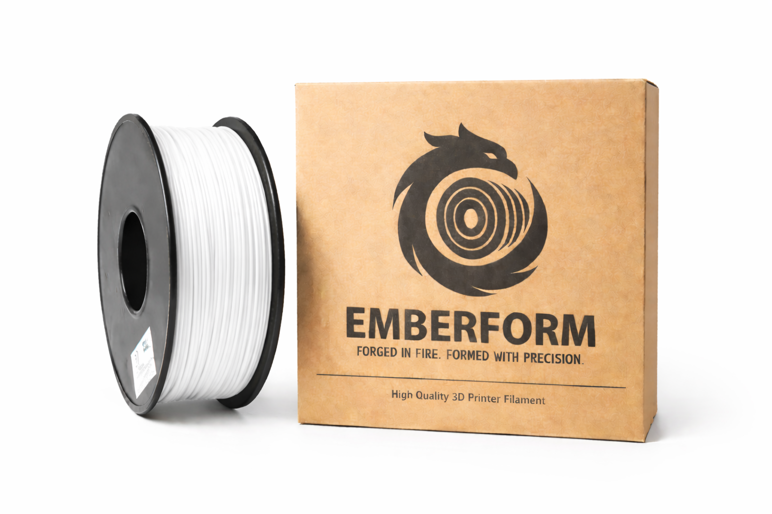 Spool of white ASA 3D printer filament next to Emberform packaging on a white background