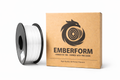 Spool of white TPU95 3D printer filament next to Emberform packaging on a white background