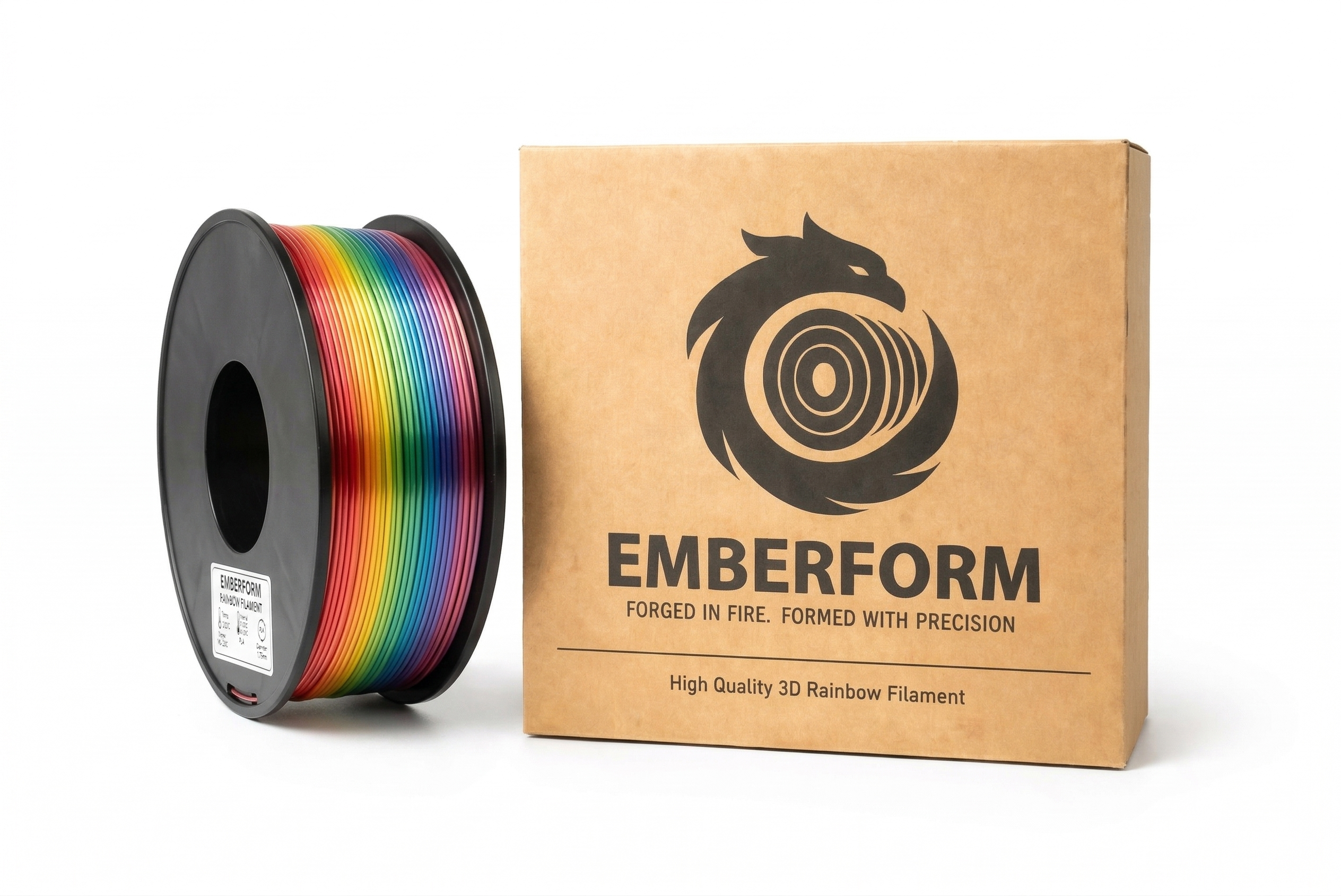 Spool of rainbow 3D printing filament next to Emberform packaging on a white background